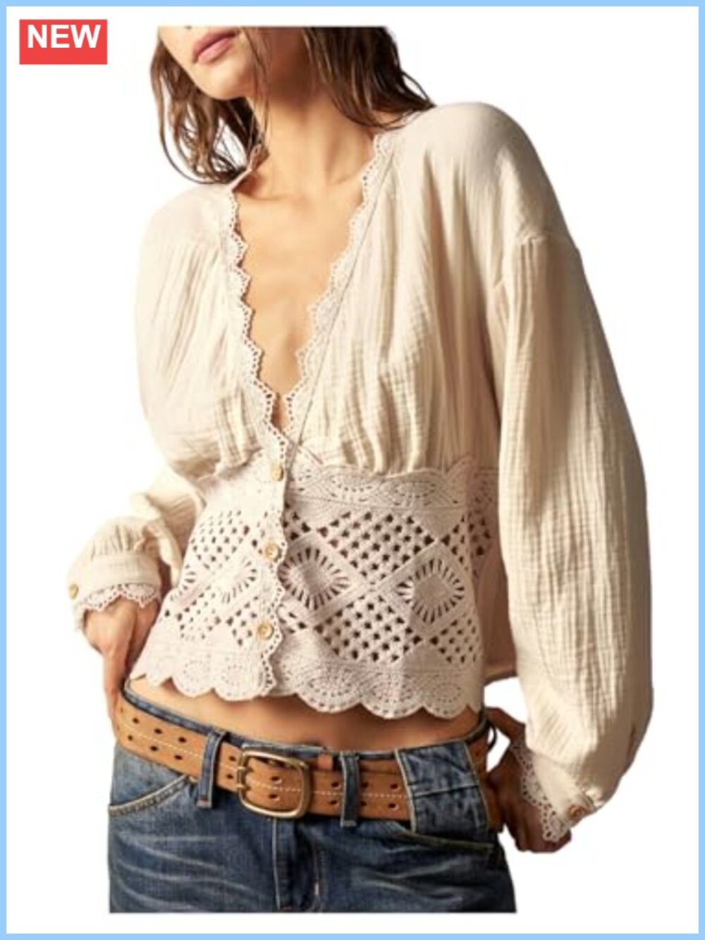 Women's Western Hollow Out Blouse Deep V Neck Button Up Long Sleeve Shirt